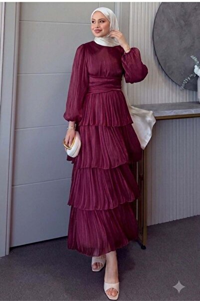 Şule Giyim Zümra Layered Dress Burgundy