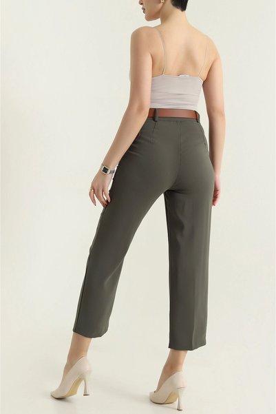 VıoShıne Women's High Waist Belted Imported Crepe Trousers