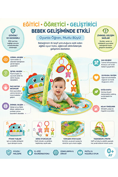 papey Piyanolu Desenli Bebek Oyun Halısı 0+ Ay Hayvan Figürlü Işıklı ve Müzik...