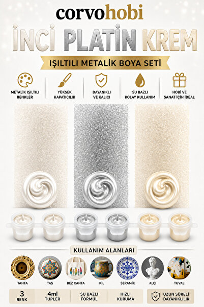corvo hobi Akrilik Boya 3ml, Metalik Akrilik boya İnci, Platin, Krem Renk (6'...