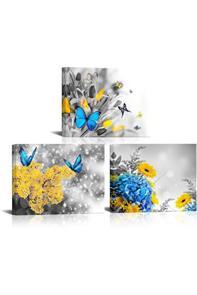 HOME MODE 30x40 cm 3 Panel Gallery Wrapped Canvas | Blue Butterfly Yellow Flo...