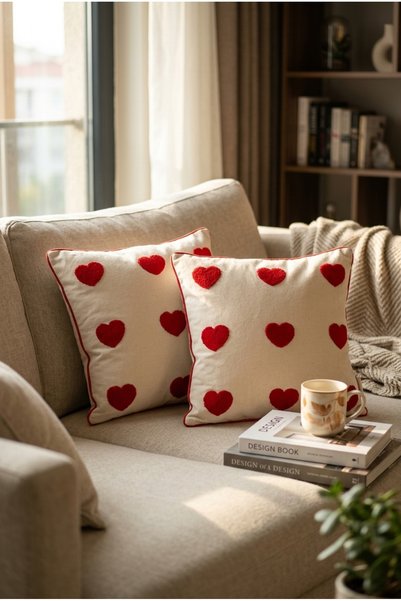 Rayda Home Red Heart Punch Embroidery on Raw Washed Linen Fabric with Piping Detail, Set of 2 Throw Pillow Covers
