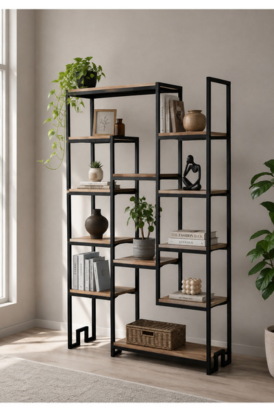 boz concept home Kyoto Metal Dekoratif Raf Ünitesi 12 Katlı Ahşap Tabanlı Sak...