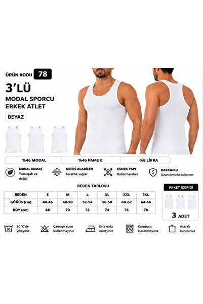 Yıldız Çamaşır Men's Modal Athlete Lycra Undershirt (77-78-79) - 3 Pieces