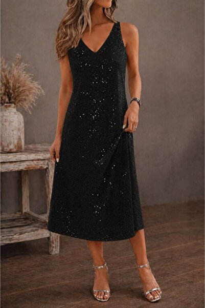 Wear Up فستان نسائي متوسط الطول مزين بالترتر وياقة على شكل حرف V