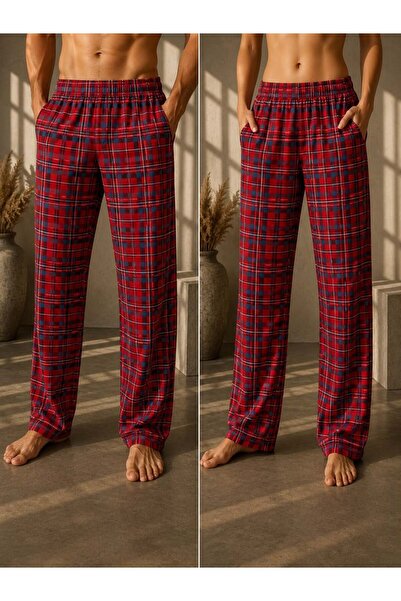 Mia Homewear KIRMIZI UNİSEX EKOSE DESENLİ PAMUKLU CEPLİ PİJAMA ALTI.