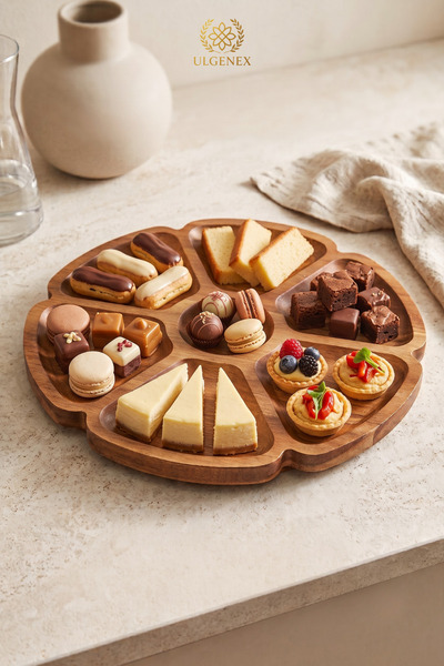 Ulgenex 7 Sections 360 °   Acacia Serving Plate with Rotating Stand 30 cm Breakfast Deli Serving Plate, Board