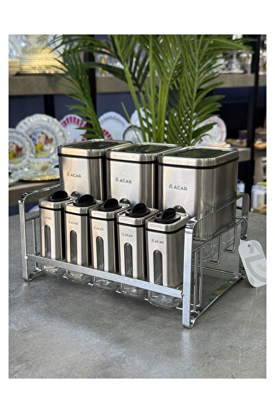 Doğudeko İnox Collection 9 Piece Spice Set with Metal Glass Stand Silver