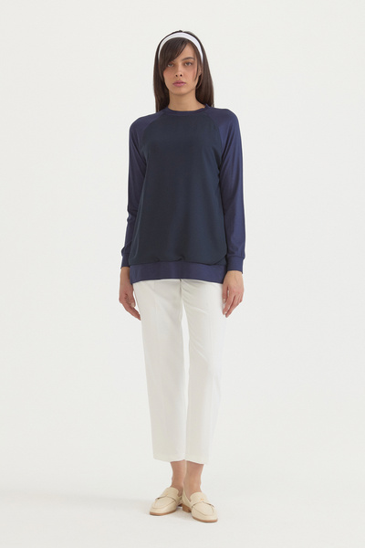 Nihan Combed Cotton Blouse with Chiffon Detail - Navy Blue