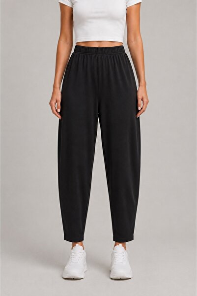 Grenj Fashion Crne mekane modalne pantalone visokog struka sa džepovima