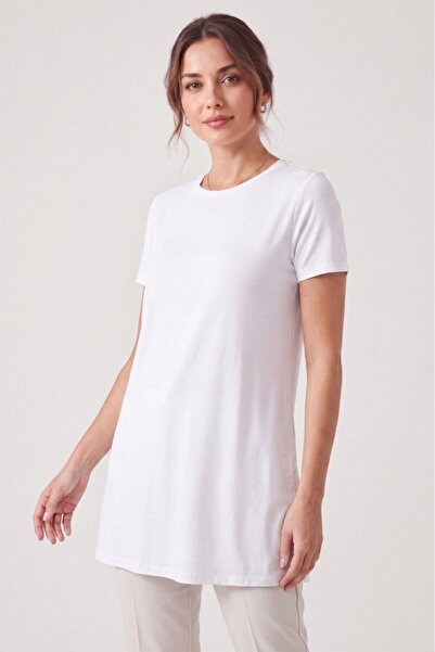 Betimoda Women's Four Seasons Crew Neck Short Sleeve Viscose Short Tunic White