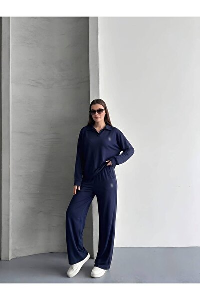 mylunessa Set de trening modal cu mânecă lungă, albastru închis, cu guler polo