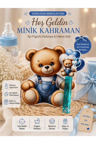 Atasia Design Yenidoğan Bebek Hediyeliği 10 Adet İsimli Kolonya Şişesi Ayıcık...