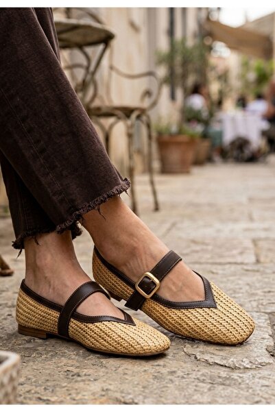 DMR Elegance Ponti Brown Leather Straw Detailed Ballerina Shoes