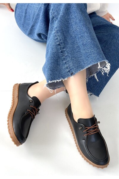 DMR Elegance Guot Black Leather Lace-Up Ballerina Shoes