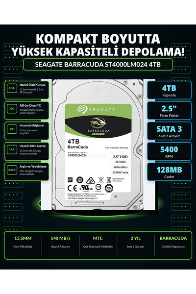 DİSK BANK 4 TB BARRACUDA ST4000LM024 2.5 İnç Laptop Diski