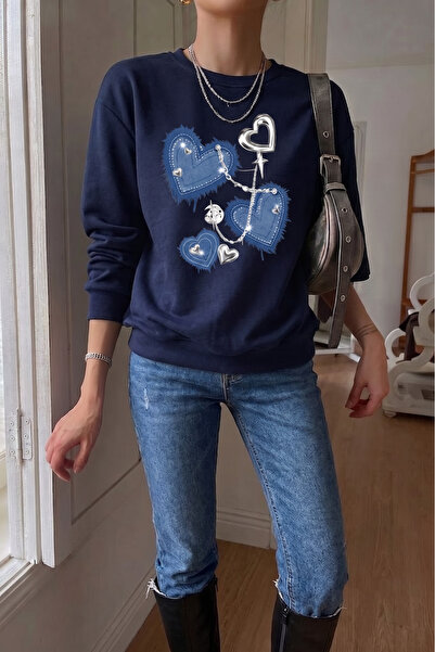 uyguntarz Unisex Denim Heart Printed Crew Neck Sweatshirt