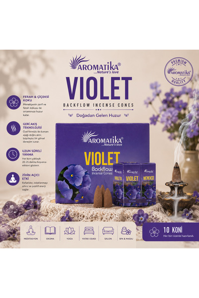 Aromatika - Menekşe Ters Akış (Backflow) Konik Tütsü | Violet | 10 Adet Premium Konik Tütsü