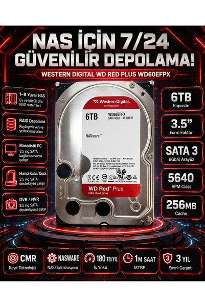 DİSK BANK 6 TB RED 3.5 İnç WD60EFPX NAS ve Ağ Depolama Sistemi Diski