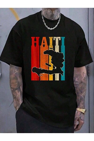 KYMC07 % Cotton Haiti Haitian Island Map Vintage Haiti-Shirt Round Neck Short...