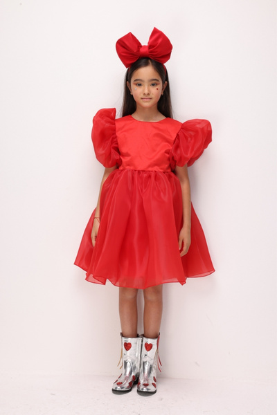 Le Mabelle Red Balloon Sleeve Girls' Satin Dress - Dona