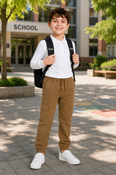 Çocukos Boys' 100% Cotton White Polo Collar Badi & Jogger School Pants with C...