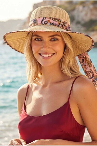 Mood Agenda Women's Patterned Shawl Scarf Straw Hat with Wide Brim Summer Sun...