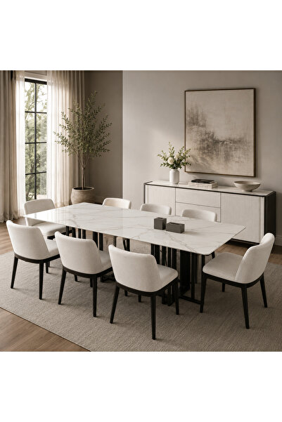 Roots Furniture طاولة طعام رخامية سوداء اللون - تتسع لـ 8 أشخاص - طقم كامل