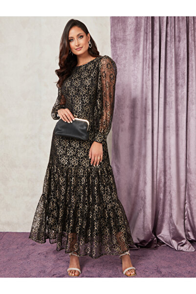 Styli Long Sleeves All Over Metallic Lace Dress Frill Hem Maxi Dress