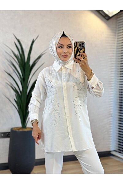 Nefise 260195 Sequin Embroidered Elegant Shirt White