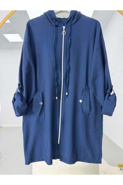modasindoma Hooded Zippered Sleeve Epaulet Detail Cap Navy Blue