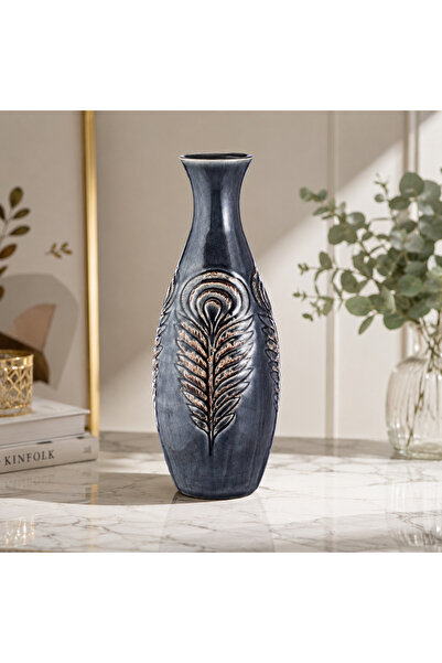 Dania Ceramic Vase Modern Decor Embossed Leaf Pattern-29 cm Height-Elegant Gr...