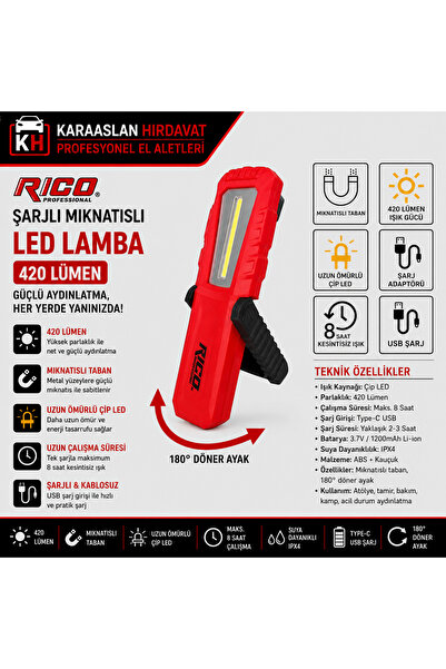 Rico Şarjlı Mıknatıslı Led Lamba 420 Lümen