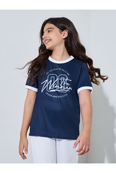 Styli Teen Girls Navy Blue Regular Fit Printed Ringer T-Shirt