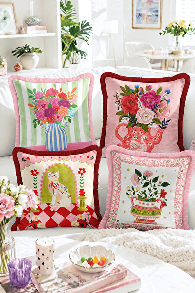 Realhomes Floral Bouquet with Vase and Cat Figure 4-Piece Fringed Throw Pillo...