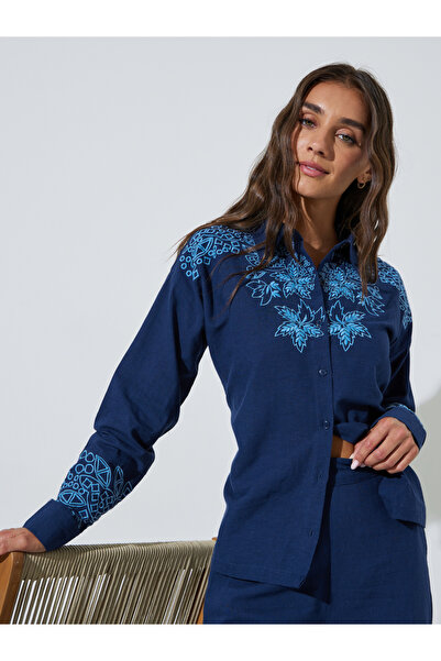 Styli Navy Blue Embroidered Long Sleeve Relaxed Fit Shirt