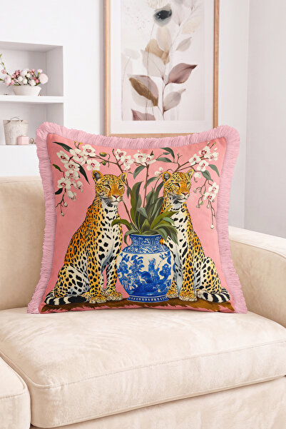 Realhomes Blue Tile Vase with Leopard Figure and Floral Pattern Fringed Throw...