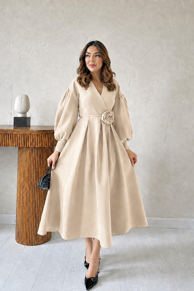 Deafox Cream Color Rose Detail Balloon Sleeve Double Breasted Collar Pleated ...