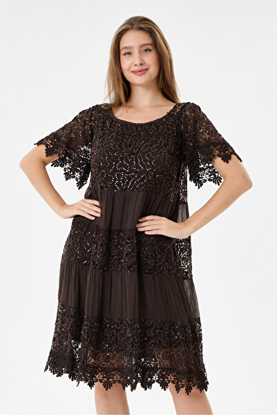 della moor Brown Italian Sequin Embroidered Lace Lined Silk Dress 38 - 44 Sizes