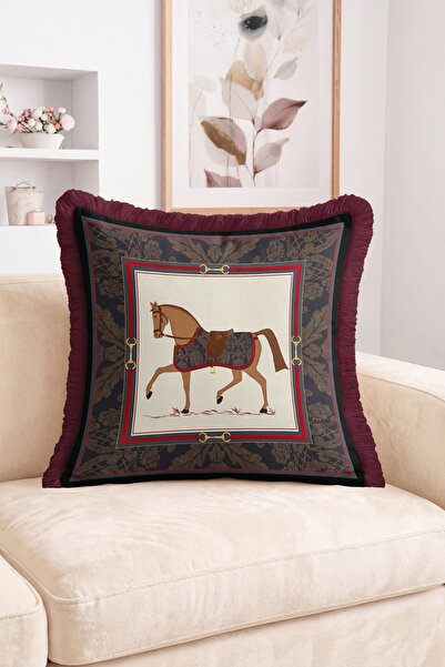 Realhomes Horse Figured Framed and Belt Detailed Patterned Fringed Throw Pill...
