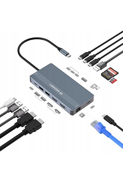 WOZINSKY Hub USB C 14 în 1 WDS03Y5S multifuncțional din aluminiu pentru 3 mon...