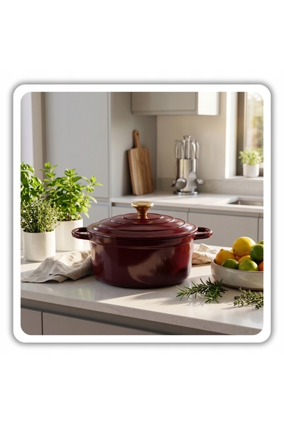 HAGE Oală pentru tocană 4L, cu capac emailat, Cherry, pentru gaz, inducție, c...