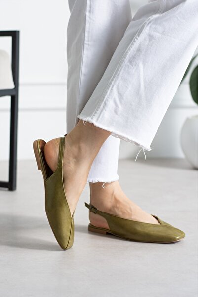 yaren shoes Kadın Babet Haki Kare Burun Arka Açık
