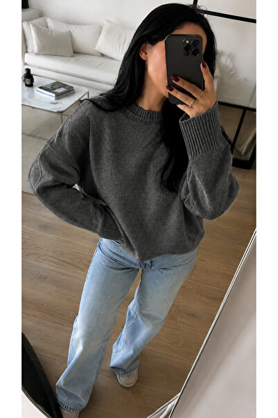 LUVON Anthracite Crew Neck Oversize Knitwear Women's Sweater