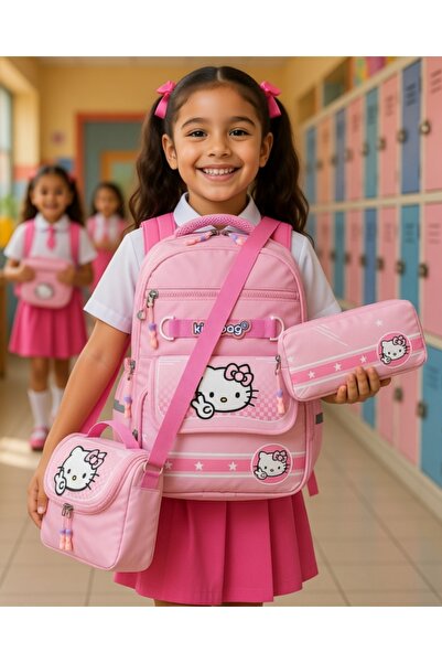 KY A+ Kalite Kız Kitty Kedi Pembe İlkokul Ortopedik 3'lü Set Kalemlik Folyolu...
