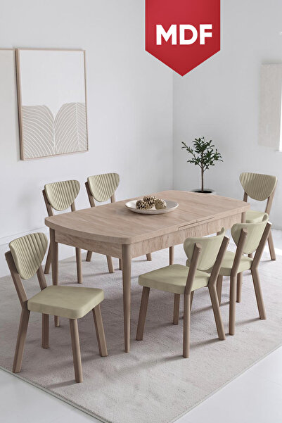 Canisa Exve Serisi 80x132 MDF Açılabilir Traverten Takımı ve 6 Krem Sandalye