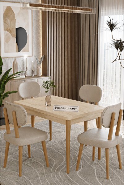 UZMHOME Traverten 4 Kişilik 70x110 Sabit Masa 4 Sandalyeli