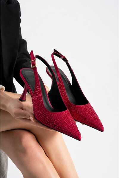 VEYA Kadın Taşlı Slingback Stiletto Sivri Burun İnce Topuklu Ayakkabı 9 CM Abiye