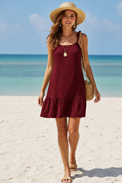 Volenta Shop Women's Burgundy Strappy Loose-Fit Ruffled Beach Dress