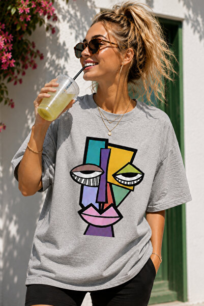 ArtYus Modern Abstract Face Print Crew Neck Casual Unisex Oversize T-Shirt - ...